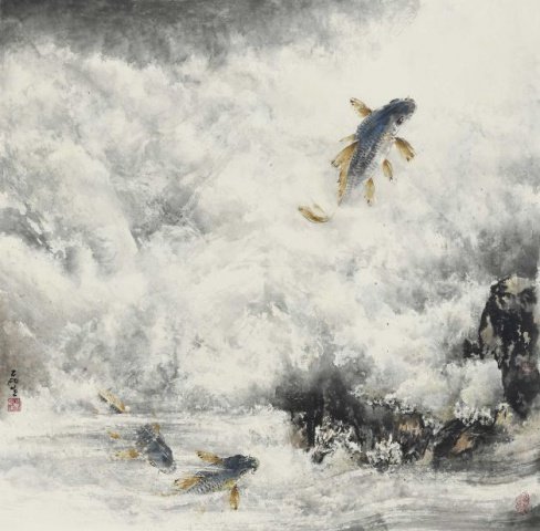F034 黃磊生---龍門鯉躍 The Leaping Carp 125×125cm 2011